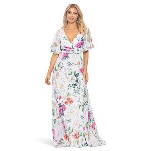 Betsy & Adam Long Floral Flare Sleeve Dress Ivory/Multi 6